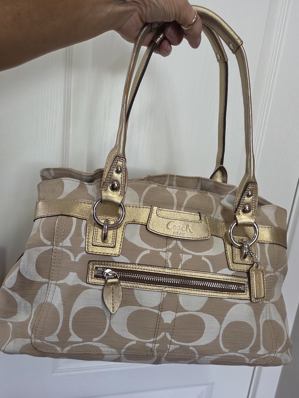Vintage Coach Signature Tote in Beige with Gold Trim